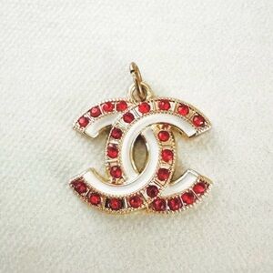 CHANEL Red, Gold, White Pendant, Charm, Iconic CC Logo Design, Vintage Inspired